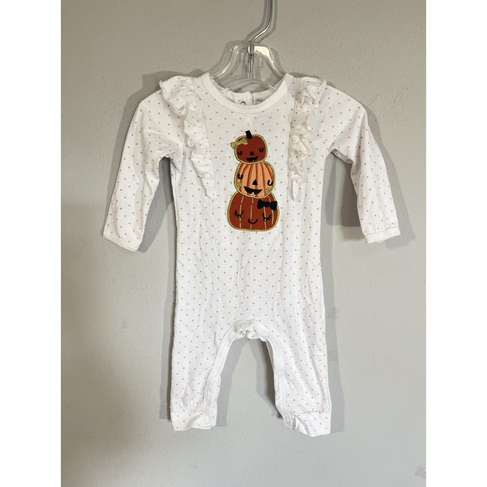 Chickpea Pumpkin One Piece 3-6M White Polka Dot Ruffle Long Sleeve Fall Autumn